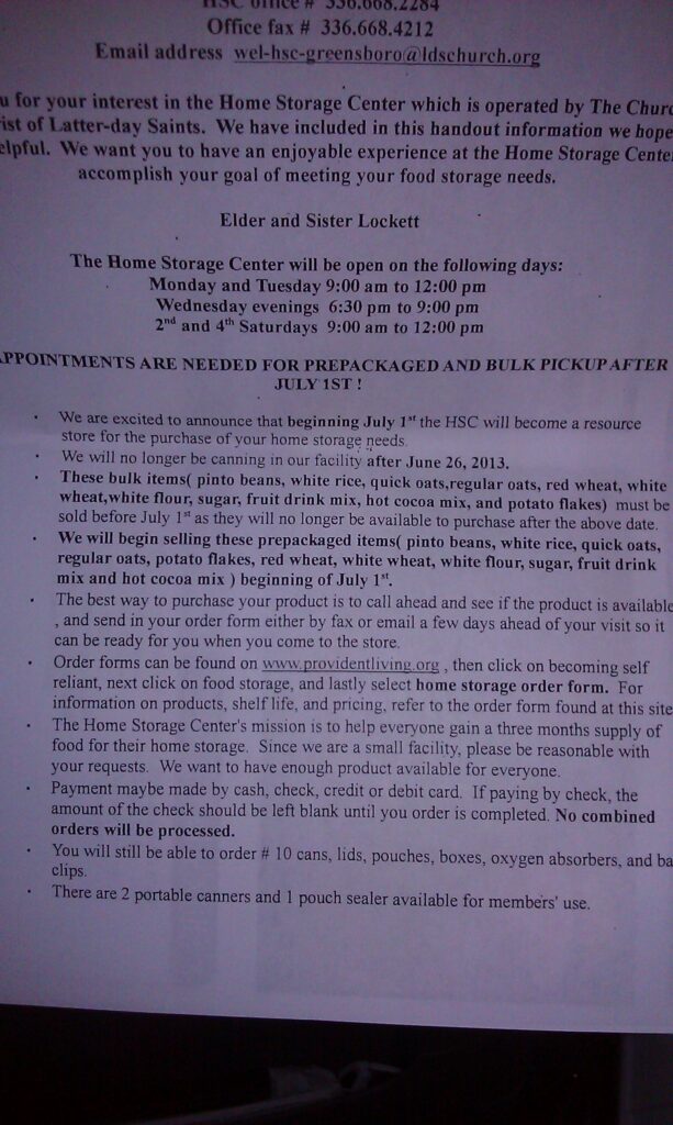 An official handout of the Greensboro, NC LDS Cannery, given to all patrons earlier this week. Copyright 2013 All Rights Reserved Preparedness Pro